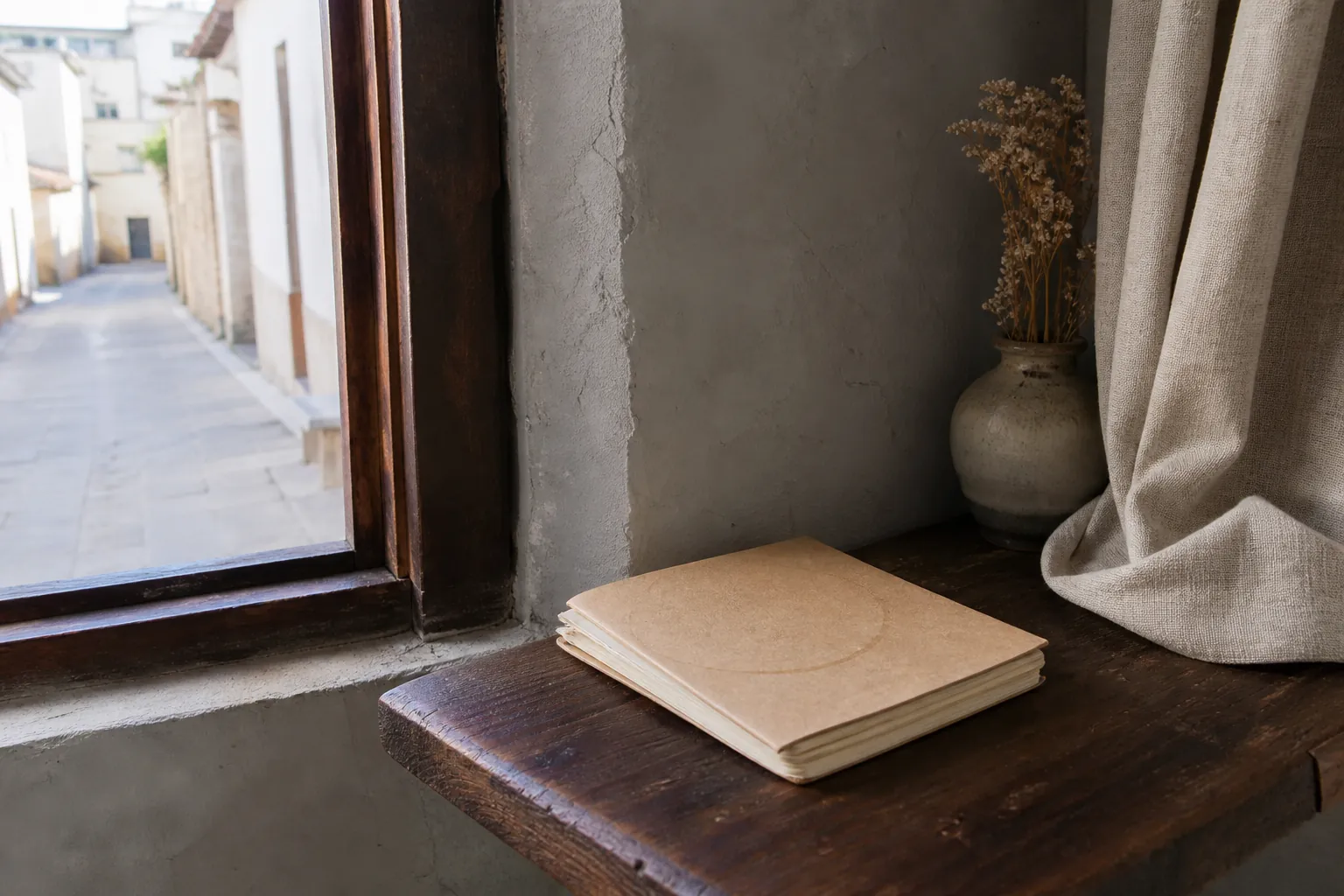 Half-used travel journal left on a painted hostel shelf, only the first pages filled, a dried tea ring on the cover, a window with a pale morning street beyond, 1600x900