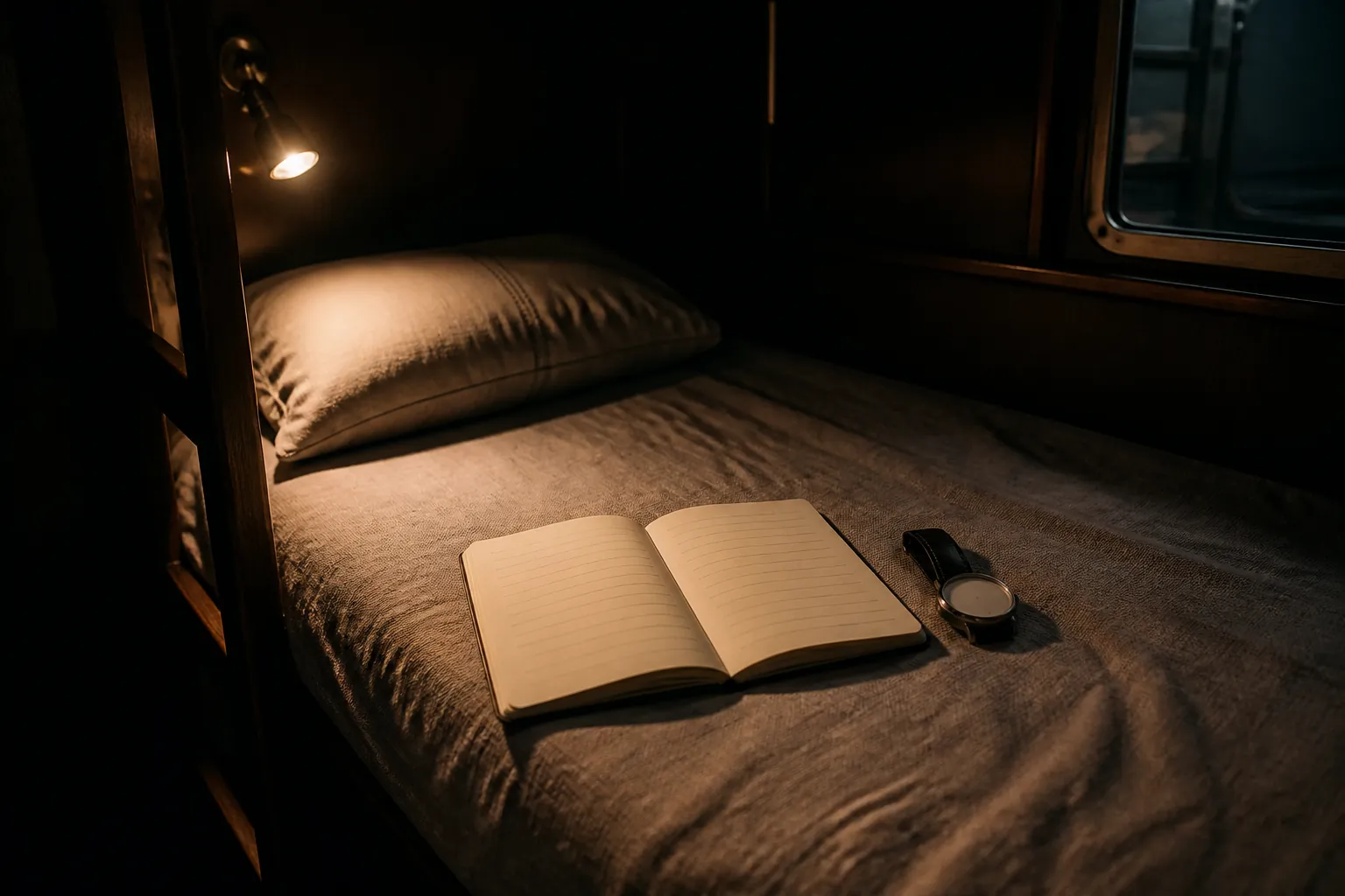 Narrow bunk with a small reading lamp, an open cheap notebook showing four short handwritten lines, a wristwatch on the blanket, dark cabin around the pool of light, 1600x900