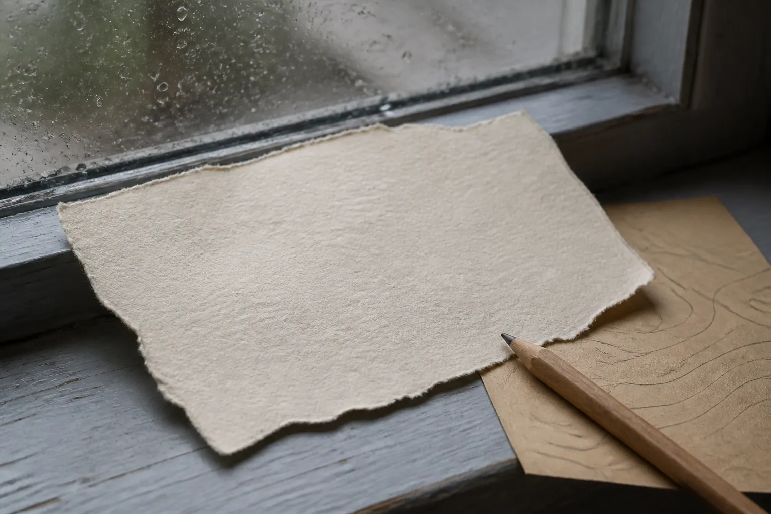 Close-up of a worn paper transit ticket on a painted windowsill, torn map corner underneath, rain on the glass, a short pencil beside the paper, 1600x900