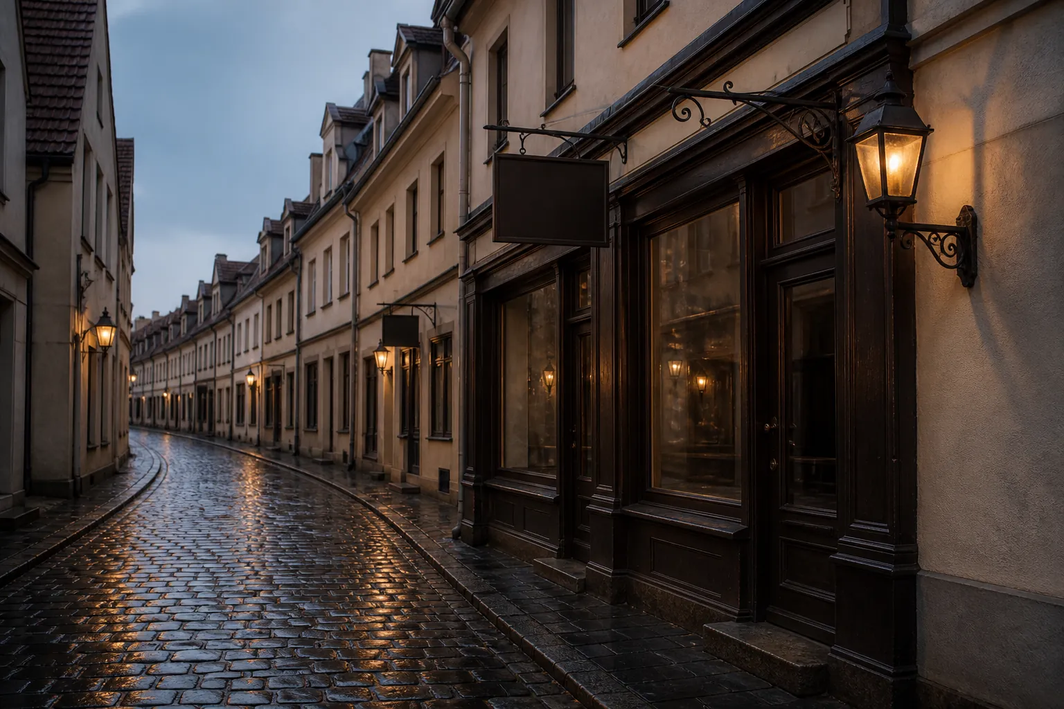 Empty cobbled street at dusk looking almost identical to the next block, a single shop sign lit, wet stone reflecting a pale sky, no people in frame, 1600x900