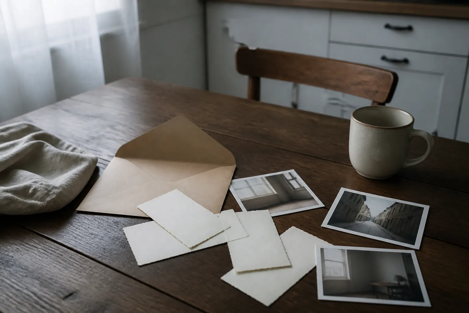 Kitchen table in morning light with an open kraft envelope, scattered ticket stubs, a few printed photographs, and a mug, a chair pushed back as if someone just sat down, 1600x900