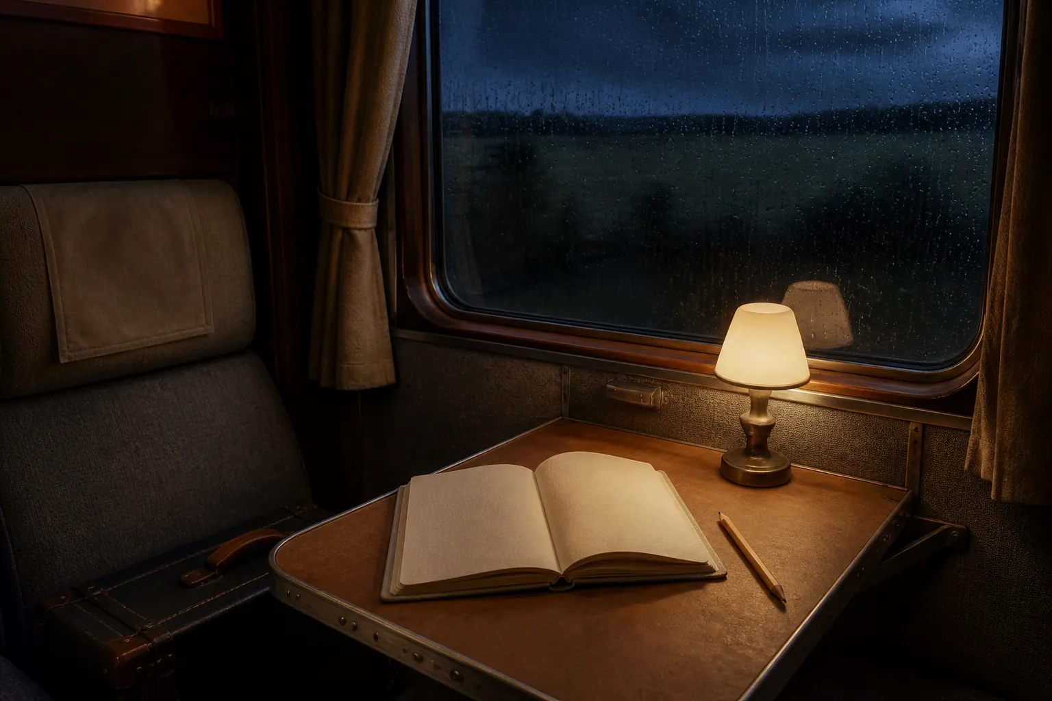 Night train window with rain streaks, an open linen-bound notebook on the fold-down table, a short pencil, warm cabin lamp against dark passing fields, 1920x1080