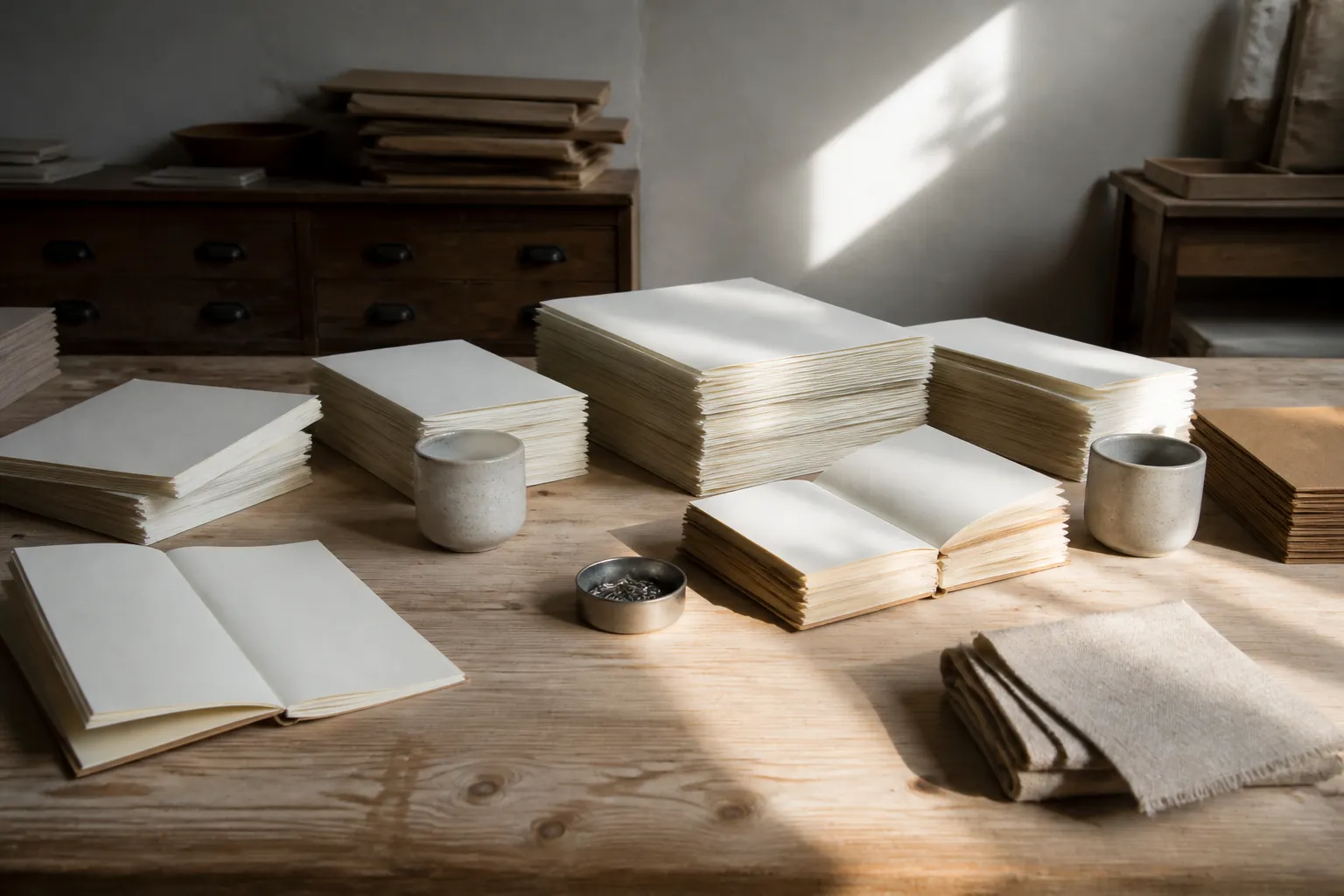 Shared worktable with open correspondence, sample stitched notebooks, a tin of paperclips, and two ceramic cups, late afternoon light across pale plaster walls, 1600x900