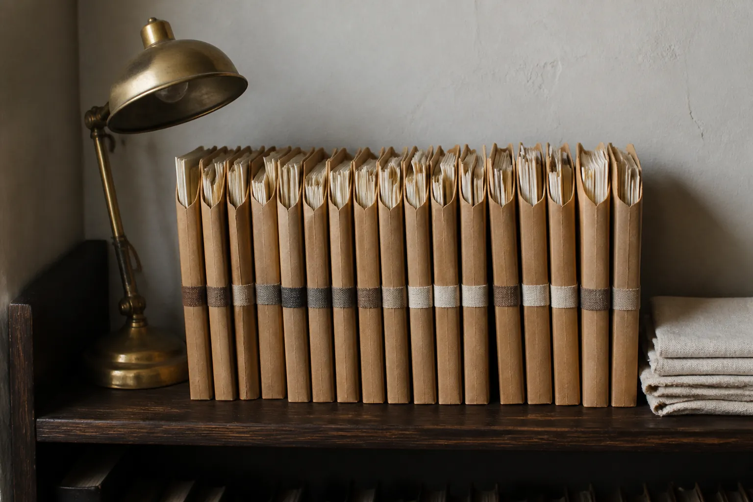 Wooden shelf holding rows of labeled kraft envelopes, a few with ticket corners peeking out, a small brass lamp, and a linen cloth folded at one end, 1600x900