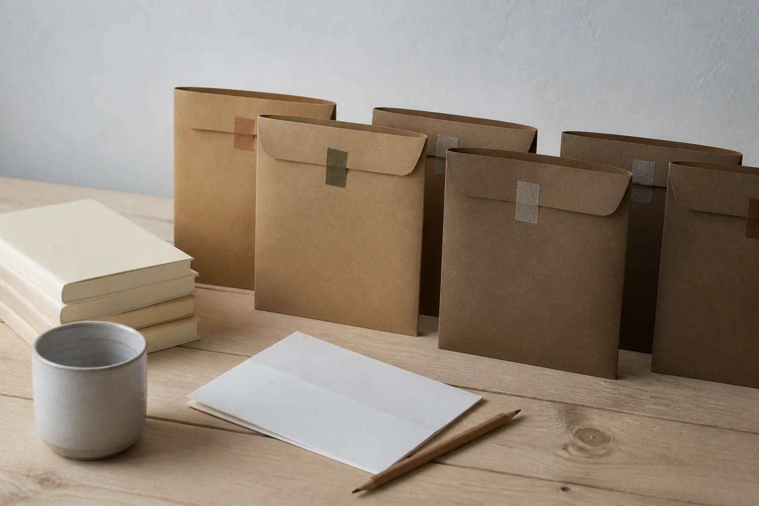 Long studio table in cool daylight, stacked field notebooks, labeled kraft envelopes, a ceramic cup, and a folded paper map with a pencil resting on the crease, 1920x1080