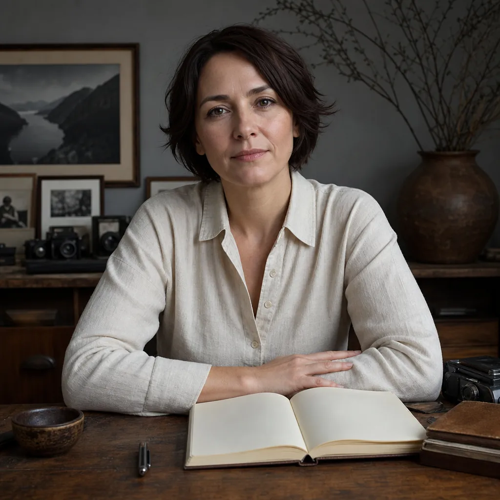 Elena Voss, a woman in her forties with short dark hair and a linen shirt, seated at a wooden desk with an open field notebook, soft indoor sidelight, 400x400