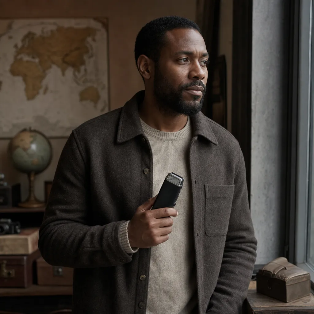 Marcus Hale, a man in his late thirties with a trimmed beard and a wool overshirt, standing near a window with a small analog recorder in one hand, 400x400