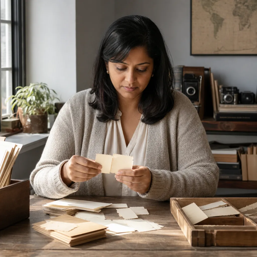 Priya Langford, a woman in her thirties with shoulder-length black hair and a knit cardigan, sorting ticket stubs on a sunlit table, 400x400