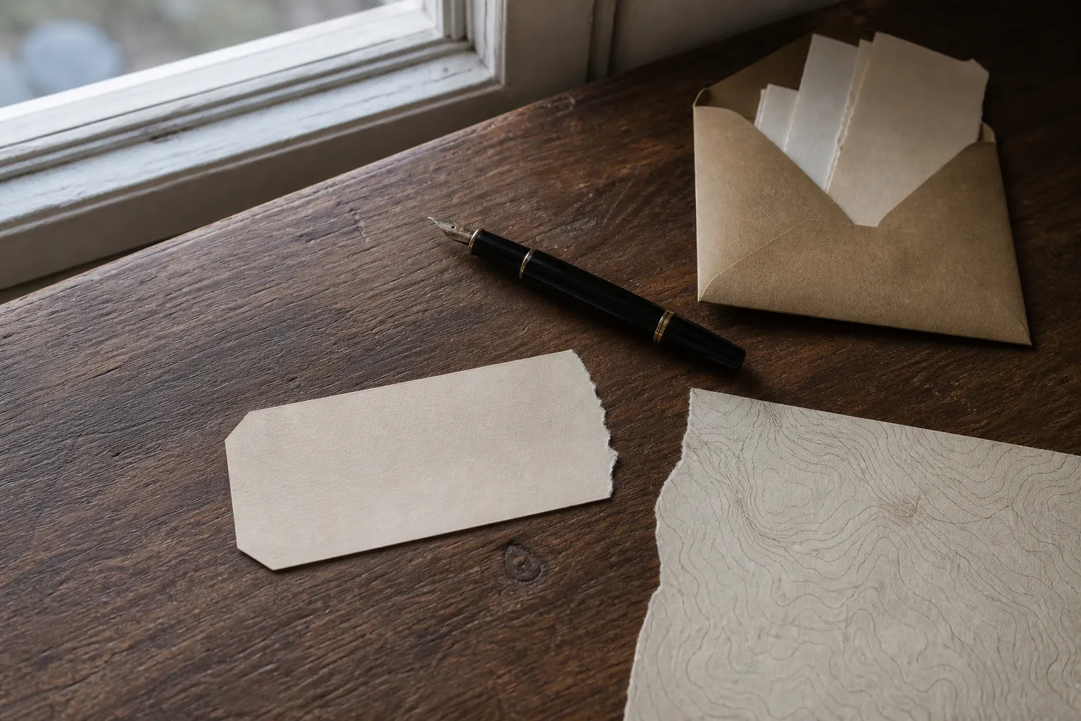 Wooden table by a morning window with a paper transit ticket, a torn map corner, a fountain pen, and a small envelope of receipts in soft daylight, 1600x900